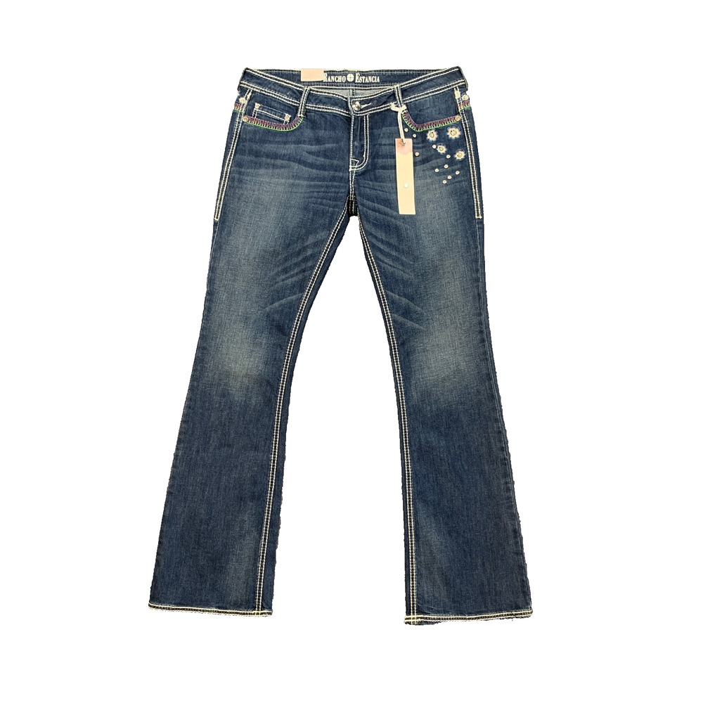 Rancho Estancia Jeans Womens 32 Denim Bootcut Mid Rise Curvy Fit Embroidered